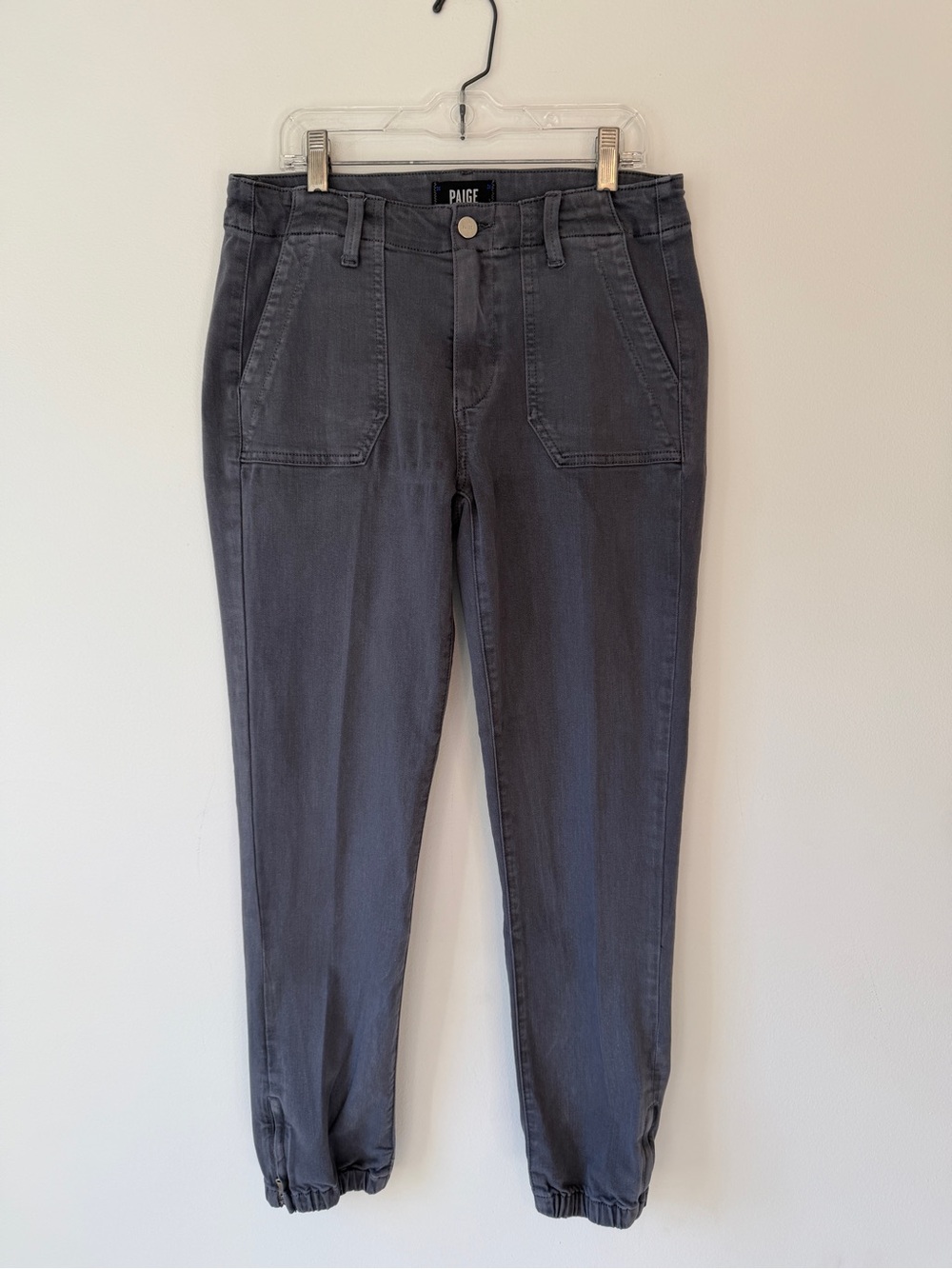 Paige Mayslie Jogger Steel Grey Blue Rayon Cotton Zip Hem, size 27